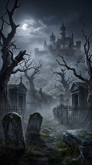 Fototapeta premium Moonlit graveyard path leading toward a haunted castle with dramatic mobile copy space.