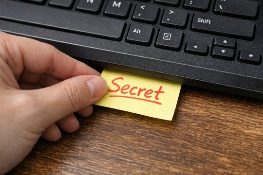 A person holds a sticky note with the word 'secret' written on it, suggesting confidentiality and privacy