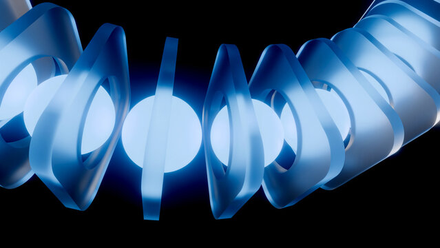 Abstract 3D glowing blue spheres with glass frames on dark background. Ideal for futuristic technology, AI concept, corporate presentations, and digital ads