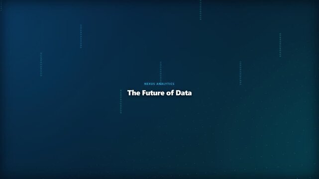 A dark blue digital high-tech background featuring binary code streams with the text 'The Future of Data' and 'NEXUS ANALYTICS', ideal for corporate business presentations and technology slideshows.