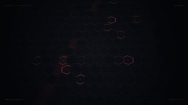 Futuristic HUD head up display with glowing red hexagonal grid pattern animating on dark background, full shot camera angle showing dynamic scifi UI interface technology with high tech mood.