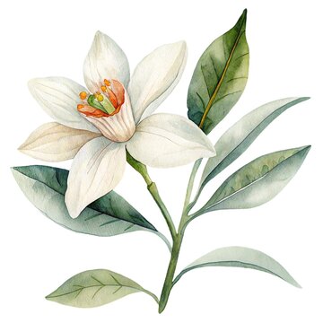 Detailed watercolor illustration of a fresh white blossom flower branch with leaves isolated