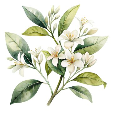 Detailed watercolor illustration of a fresh white citrus blossom branch with flowers and leaves isolated