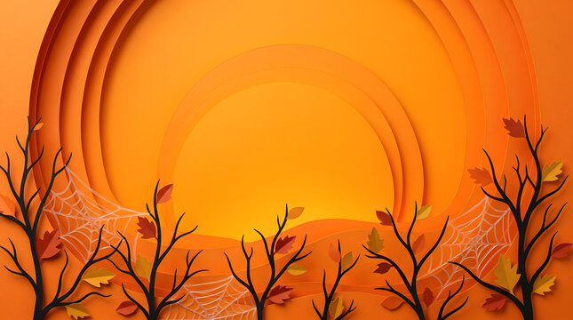 Layered paper branches with autumn accents and wide retail banner copy space.