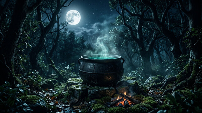 Witch cauldron with green magic potion steam in dark forest, cauldron