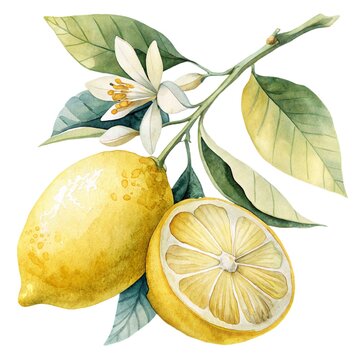 Detailed watercolor illustration of a fresh ripe lemon branch composition with whole and half lemon isolated