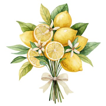 Detailed watercolor illustration of a fresh ripe lemon bouquet composition with flowers and ribbon isolated