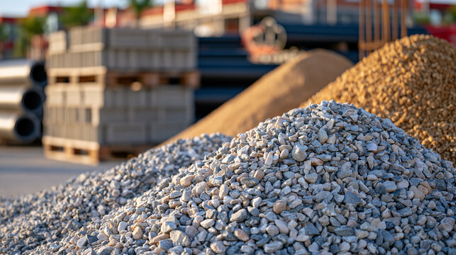 Outdoor building materials depot with large piles of clean gravel, sand and crushed stone stored beside pallets of concrete blocks and drainage pipes, realistic preparation area for private home con
