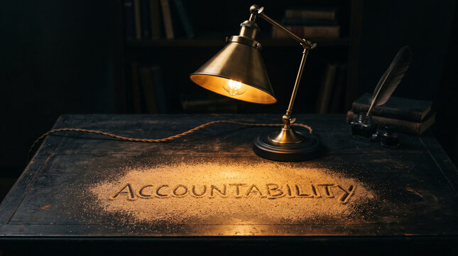 Vintage desk lamp illuminating accountability written in sand on a dark wooden table surface with light word accountability casting warm light brass desk responsibility