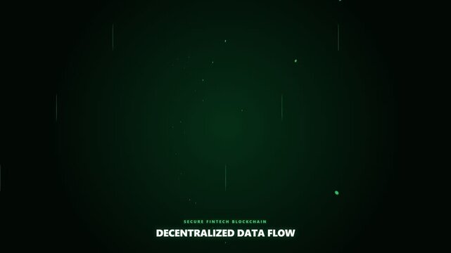 Abstract green digital network motion background featuring secure fintech blockchain decentralized data flow typography with glowing matrix particles and code line connections in dark space.