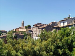 Fototapeta premium Panoramic View of Viterbo Rooftops and Historic Facades with Bell Tower