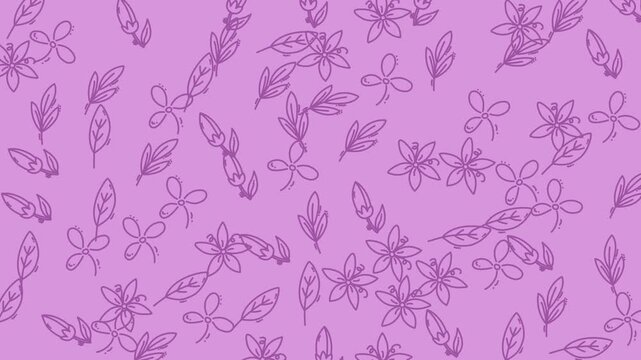 Seamless pattern background with hand drawn purple flowers and leaves on a light purple surface.