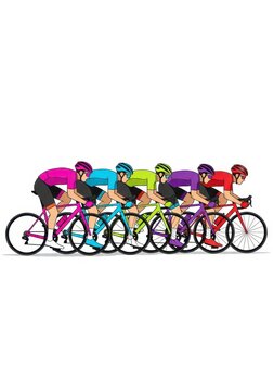 Group of Professional Cyclists in Colorful Kits Riding Road Bikes in a Peloton Illustration Isolated on White