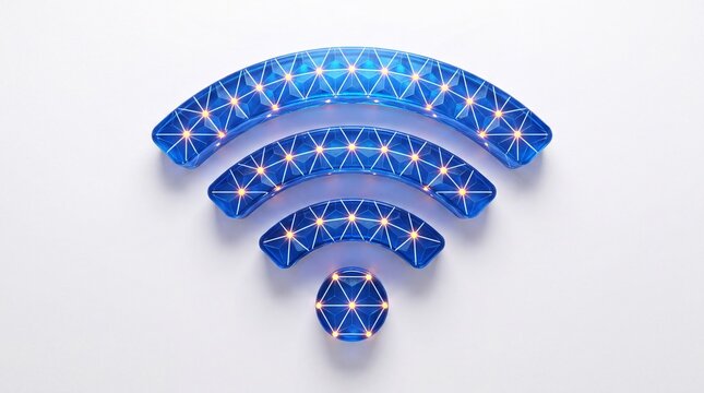 A blue WiFi symbol with a geometric pattern on a white background