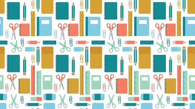 Seamless background pattern of colorful school supplies.