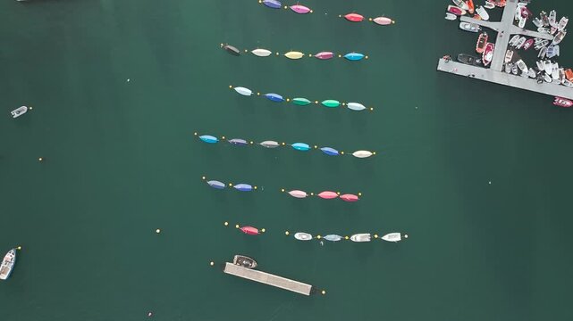 Top-down view of sailboats on the river Fowey from a drone, Fowey, Cornwall, England