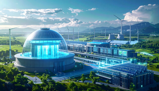 Futuristic Fusion Power Plant Complex Integrating Renewable Wind Energy Infrastructure in a Sustainable Green Landscape