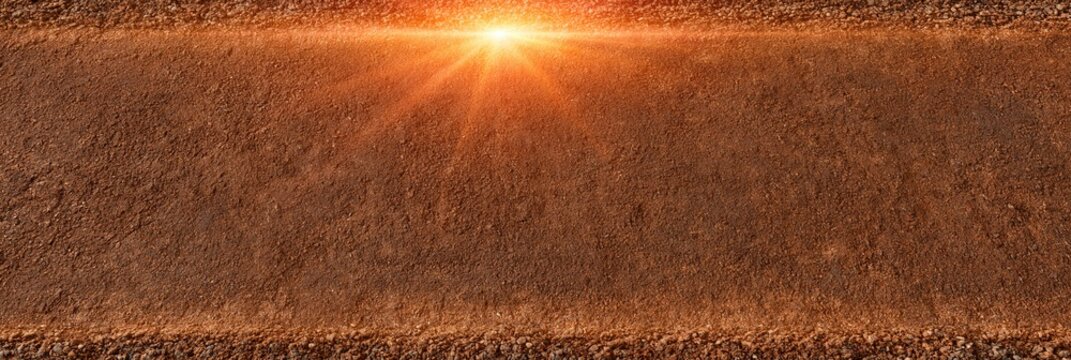 Sunburst Over a Dirt Road with Gravel Edges, Wide Panoramic View