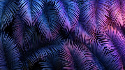 Fototapeta premium Vibrant Neon Palm Fronds with Dark Background, Tropical Abstract