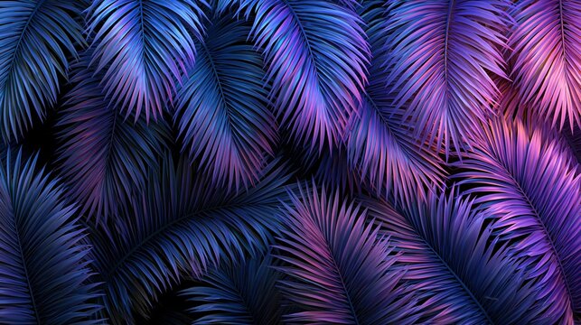 Vibrant Neon Palm Fronds with Dark Background, Tropical Abstract