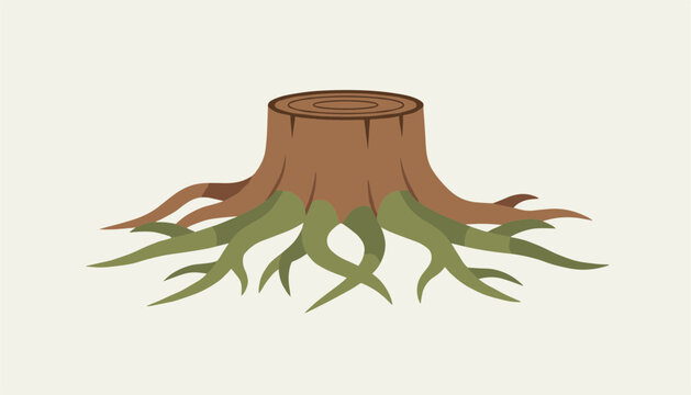 Old wooden tree stump with moss-covered roots spreading out on a light background representing logging or deforestation.