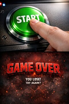 A hand pushes a button with the words 'game over' and 'you lose, try again'