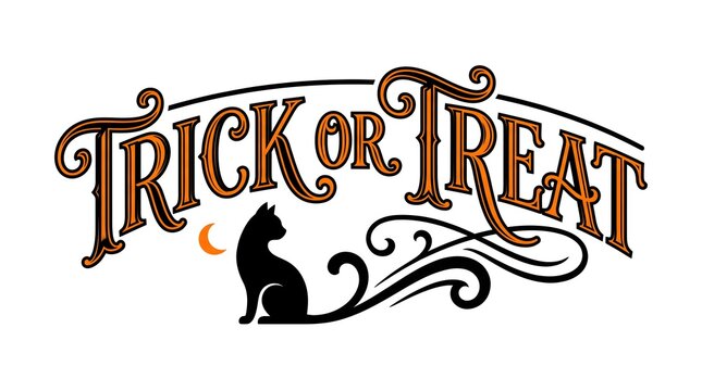 Vintage style trick or treat text design featuring a black cat silhouette with decorative flourishes isolated on a plain white background