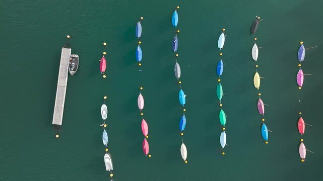 Top-down view of sailboats on the river Fowey from a drone, Fowey, Cornwall, England