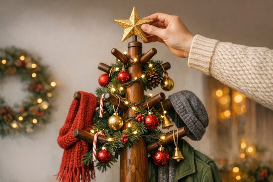 A person places a star on the top of a decorated Christmas tree