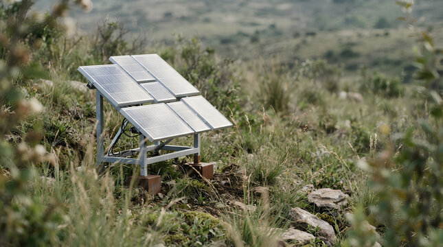 Off-grid solar panels in nature landscape for clean renewable energy.
