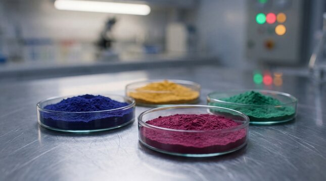 Four colorful powder samples in petri dishes on a laboratory countertop with a blurred background