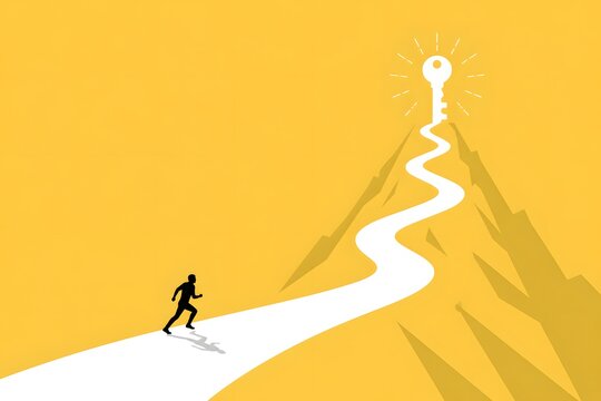 Concept of success and achievement with a man running on a winding road towards a glowing key