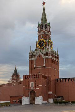 Spasskaya Tower on Red Square. The Spasskaya tower with chimes. The Moscow Kremlin and historical buildings. Cultural heritage of Russia