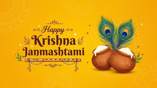 Happy Krishna Janmashtami Greeting Vector Background with Peacock Feathers, Flute, and Dahi Handi Pots
