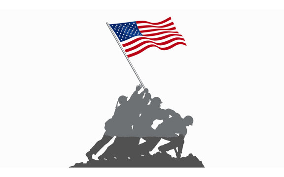 Veterans Day Iconic Iwo Jima flag raising illustration showing US soldiers in silhouette against a white background for military tributes USA