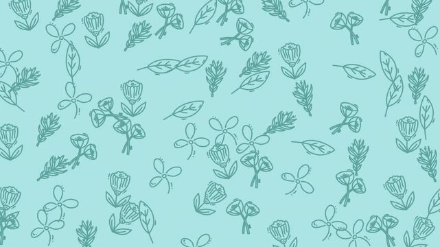 Seamless pattern with hand drawn floral elements on a light blue background.
