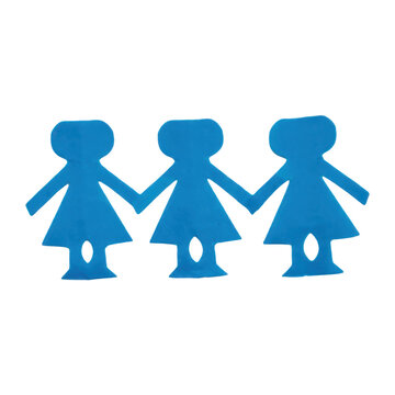 Three blue paper girls holding hands together