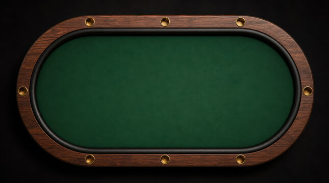 Top view of an oval poker table with a green felt surface and wooden border with gold cup holders isolated on a black background.