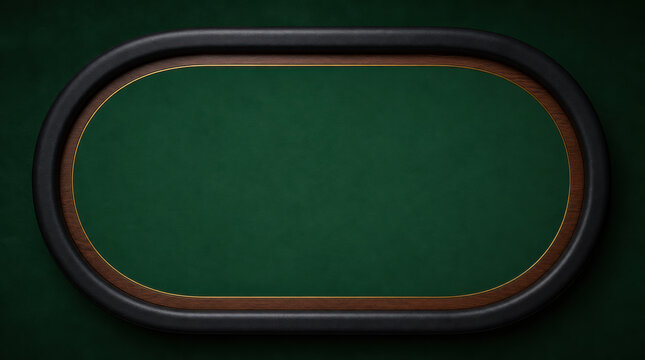 Poker table with a green felt surface, wooden trim, and leather bumper, viewed from directly above, ideal for card game concepts.