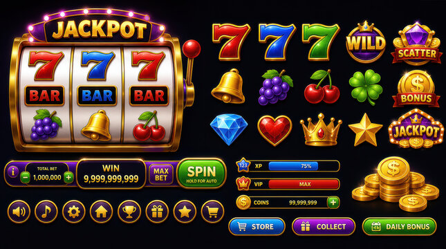 Slot machine interface kit with gambling elements, buttons, icons, and jackpot symbols for mobile game design isolated on a black background.