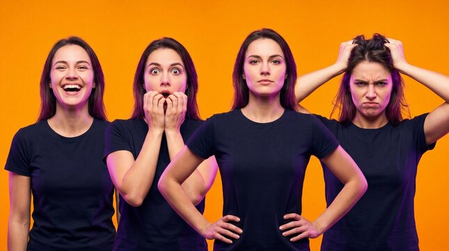 Woman Experiencing Mood Swings and Multiple Emotions Collaged on Yellow Background. Concept of bipolar disorder, split personality, emotional change, mental health. Copy space.