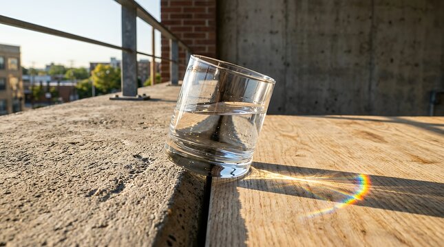 Glass of water tilted at a 45 degree angle creating a vibrant rainbow prism on a wooden surface