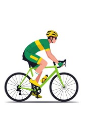 Fototapeta premium Professional Male Cyclist in Green and Yellow Gear Riding a Road Bike Illustration Isolated on White Background