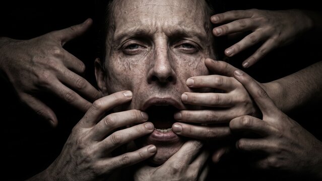 Man Screaming Surrounded by Many Hands Touching His Face Mental Health. Concept of anxiety, panic attack, despair.