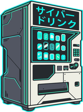 Sci-Fi Cyberpunk Beverage Dispenser with Glowing Cyan Neon Lights and Futuristic Japanese Typography Vector Art