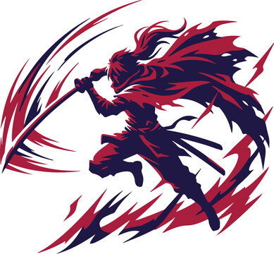 Fierce samurai warrior in dynamic action pose slashing with a sharp katana sword, featuring bold graphic strokes and red and dark blue vector art design