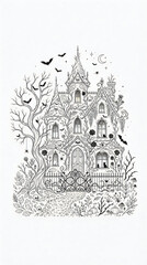 Fototapeta premium Black and white line art illustration of a spooky haunted mansion house with bare trees bats and a full moon for halloween holiday celebration design