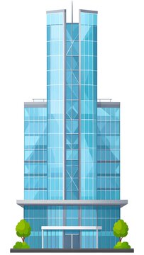 Modern skyscraper with glass facade and green base.