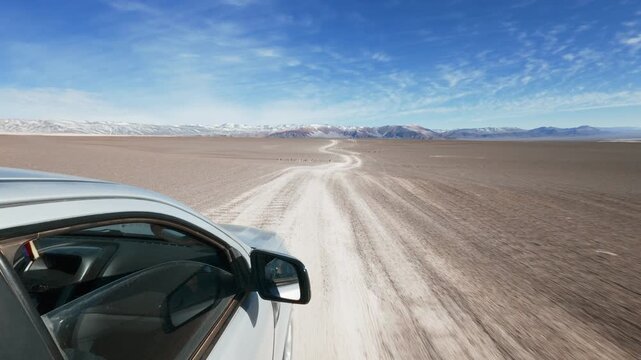 Offroad SUV Pick Up Truck driving through Campo de Piedra Pomez in Catamarca Argentina Side Mirror POV sunrise