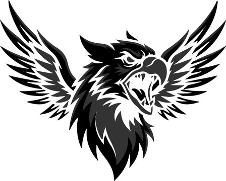 Aggressive Griffin Head Vector Illustration Featuring Detailed Wings and Fierce Expressions for Sports Team Logos and Emblem Designs